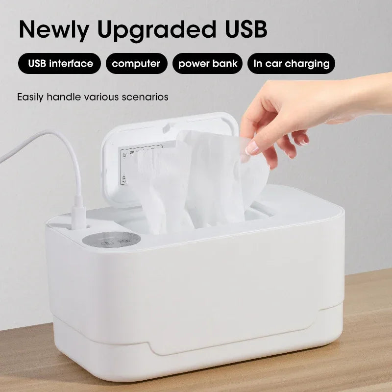 Baby Wipe Warmer Heater with LED Display Wet Towel Dispenser Portable USB Charge Baby Wipe Warmer Napkin Heating Box Home/Car